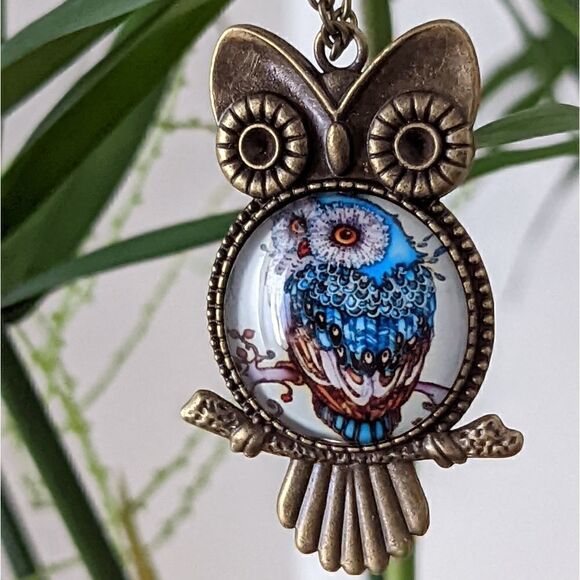 Owl Rustic Antique Gold Charm Cabochon Pendant Adjustable Statement Necklace - Picture 8 of 8